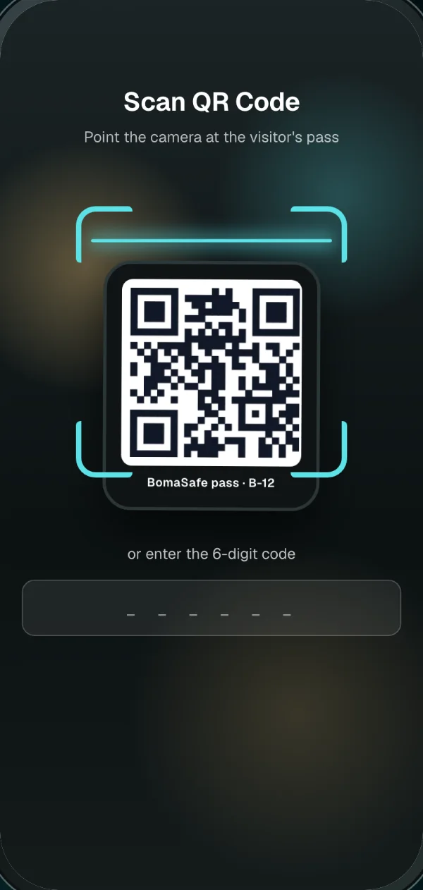 Guard scanning a resident's QR pass, with the 6-digit code option below
