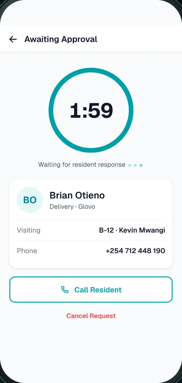 Guard's screen: awaiting the resident's approval, 1:59 left, visitor Brian Otieno, delivery for B-12