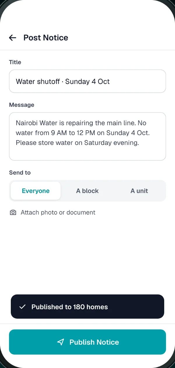 Posting a water shut-off notice to everyone, a block or a unit