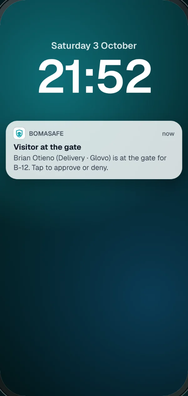 Lock screen notification: Visitor at the gate, tap to approve or deny